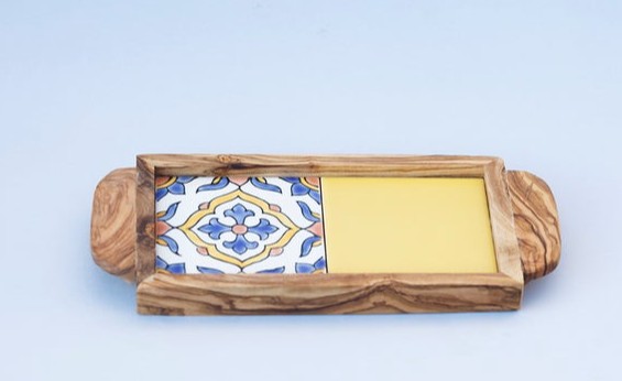 Olive wood with Ceramic Tiles and ergonomic hands Serving Tray