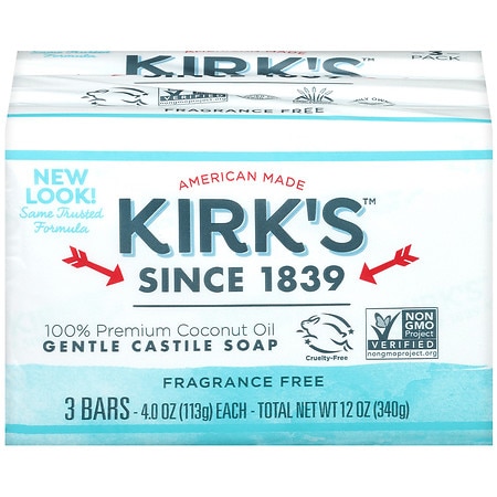 Kirk's Natural Soap Bar Coco Castile Fragrance Free 3 Count 4 Oz