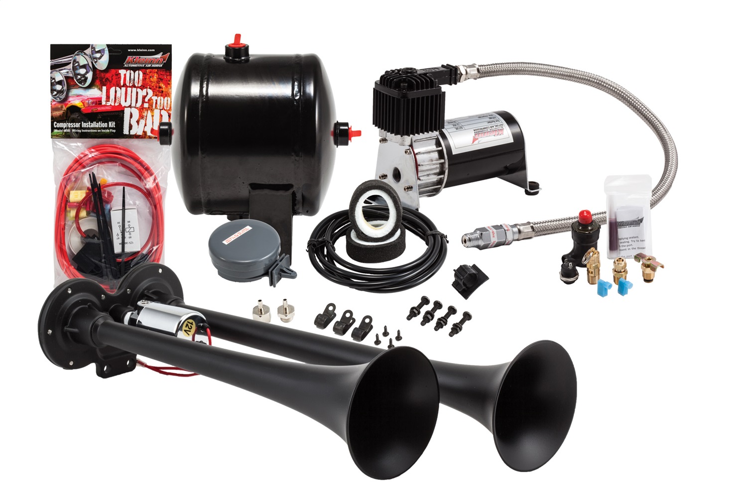 COMPLETE DUAL TRUCK AIR HORN PACKAGE WITH BLACK XCR 2.0 COATING AND 120 PSI SEAL