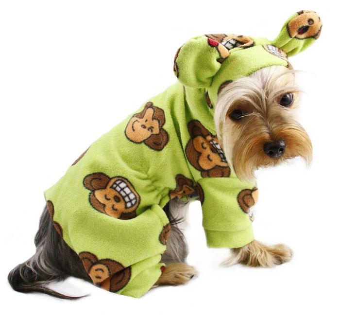 Adorable Silly Monkey Fleece Dog Pajamas/Bodysuit with Hood - XS Lime