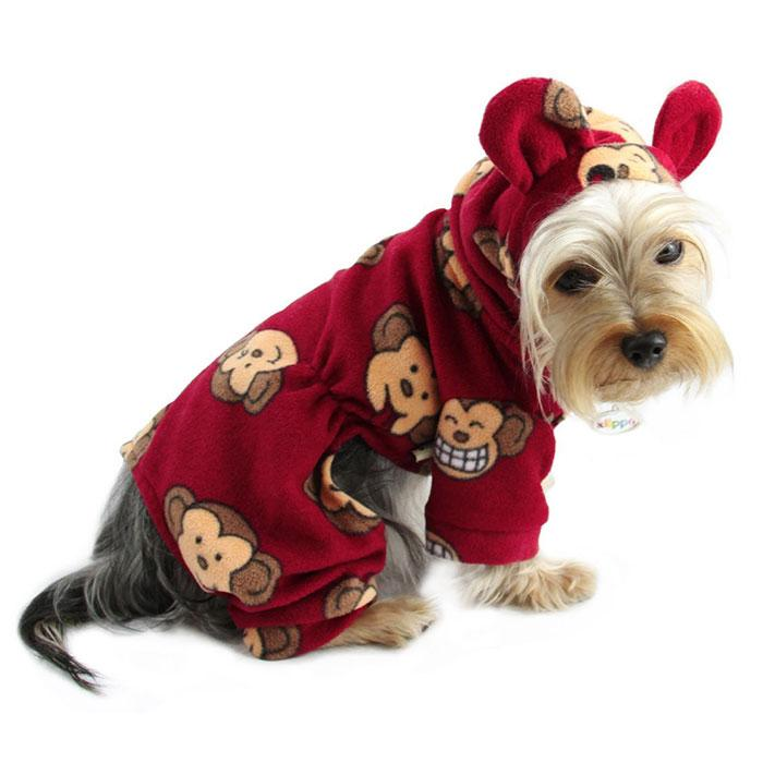 Adorable Silly Monkey Fleece Dog Pajamas/Bodysuit with Hood - Medium Burgundy