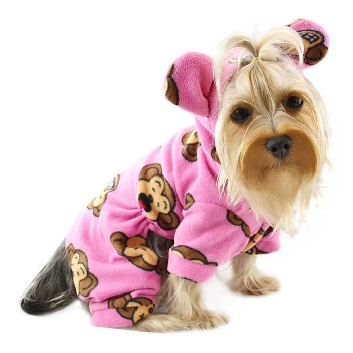 Adorable Silly Monkey Fleece Dog Pajamas/Bodysuit with Hood - Medium Pink