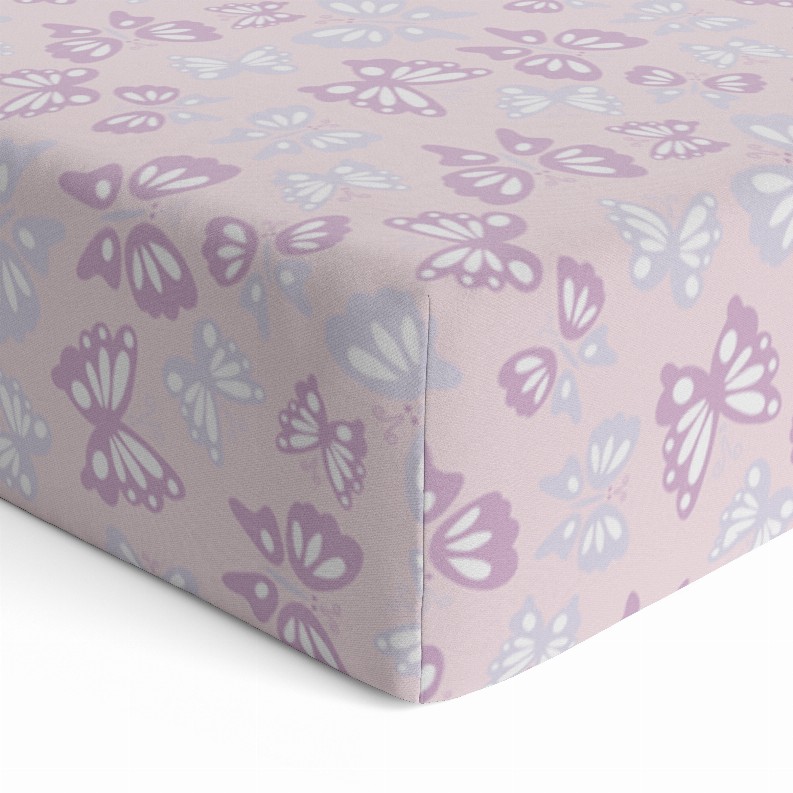 B & N Printed Percale Fitted Crib Sheet - Butterfly Pink
