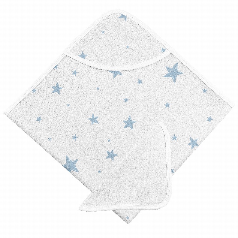 Hooded Bath Towel/Face Cloth - Blue Scrible Star