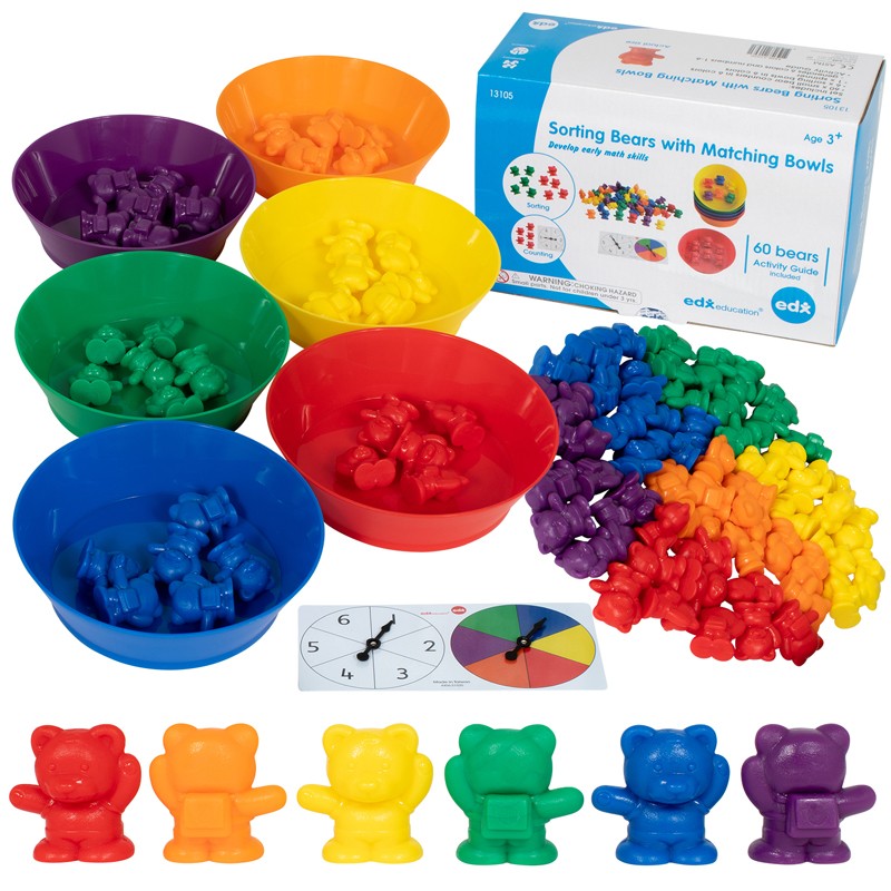 Sorting Bears with Matching Bowls - Early Math Manipulatives - 68pc Set - 60 Bear Counters, 6 Bowls & 2 Game Spinners - Home Lea