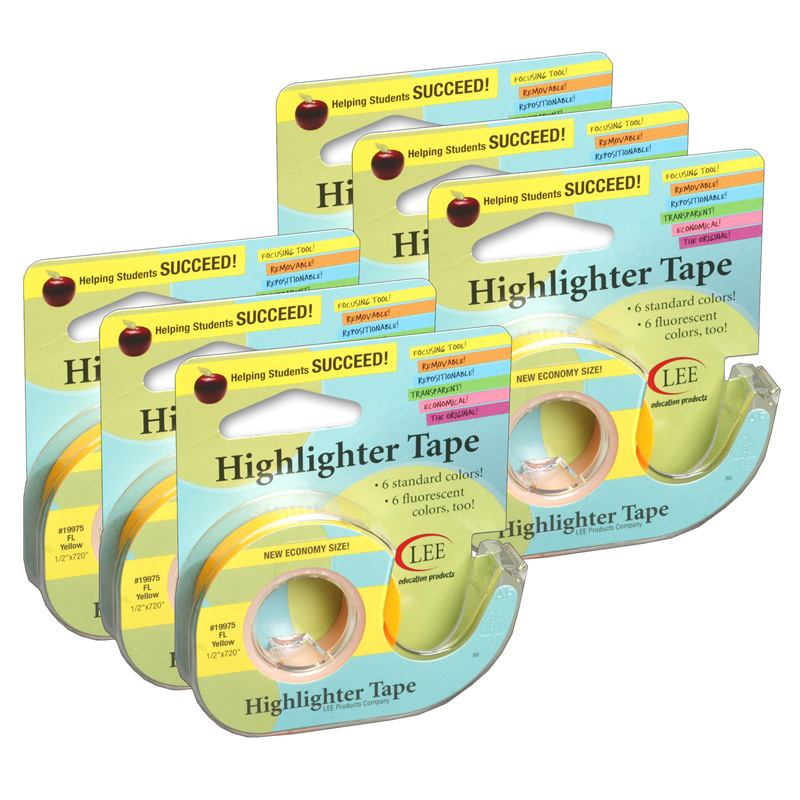 Removable Highlighter Tape, Fluorescent Yellow, Pack of 6