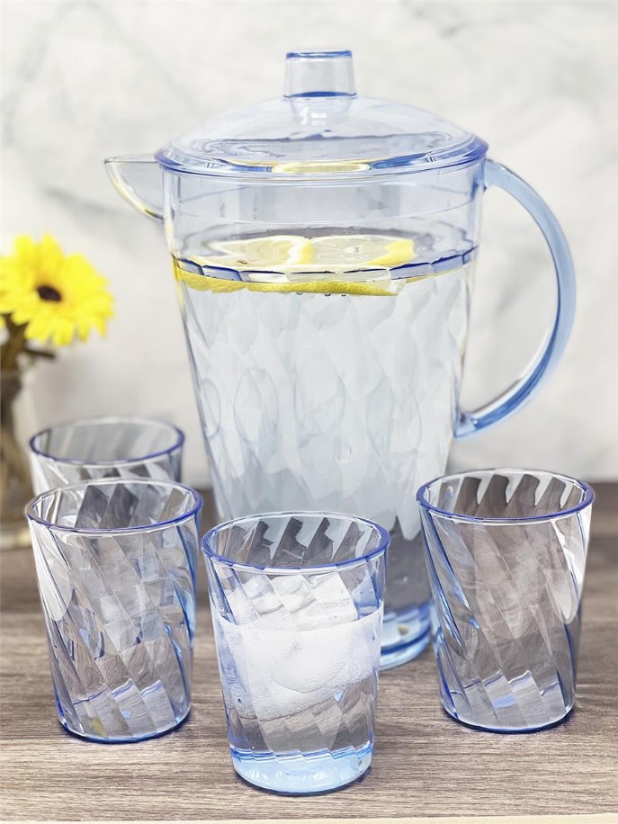 Acrylic set of 5 drinking wares Wave set - 1pc 2.75 QT pitcher + 4pcs 14 oz DOF Tumblers