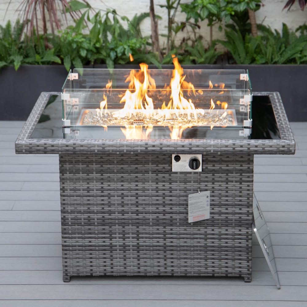 LeisureMod Mace Wicker Patio Modern Propane Fire Pit Table, Grey