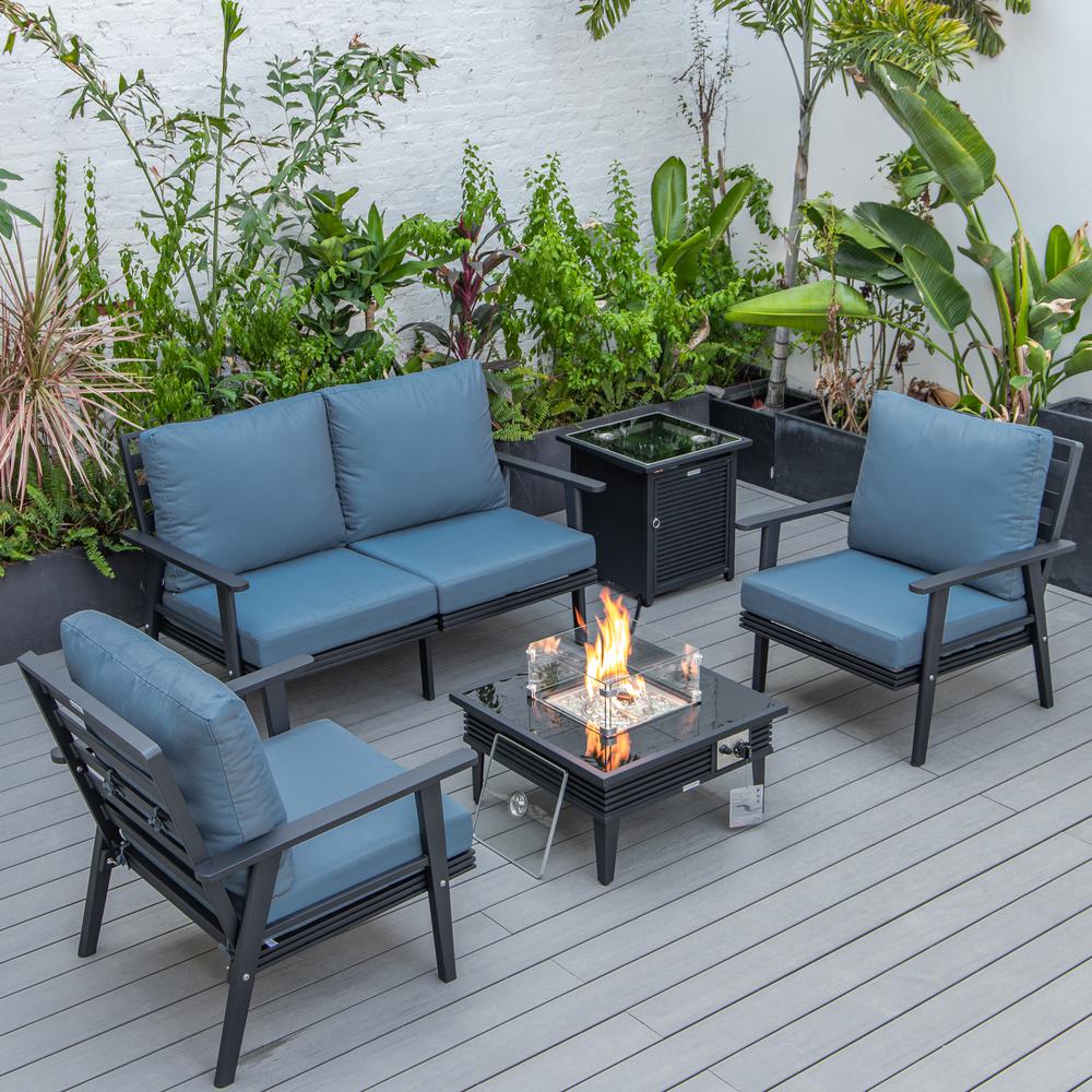 LeisureMod Walbrooke Modern Black Patio Conversation With Square Fire Pit With Slats Design & Tank Holder, Navy Blue