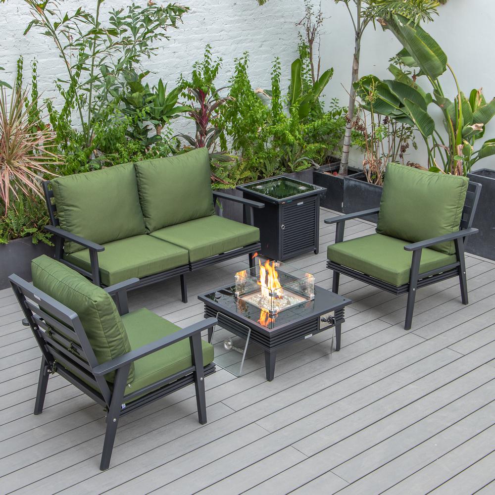 LeisureMod Walbrooke Modern Black Patio Conversation With Square Fire Pit With Slats Design & Tank Holder, Green