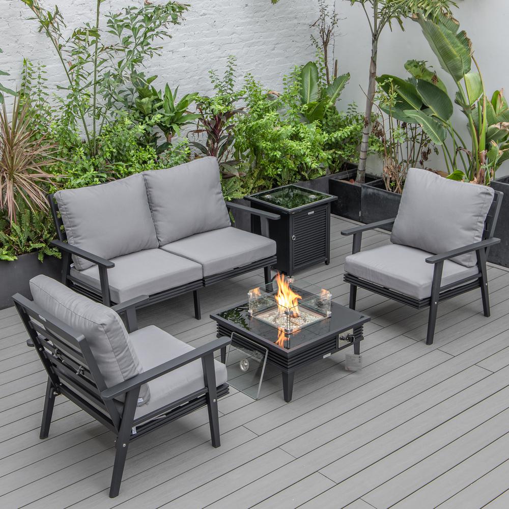LeisureMod Walbrooke Modern Black Patio Conversation With Square Fire Pit With Slats Design & Tank Holder, Grey