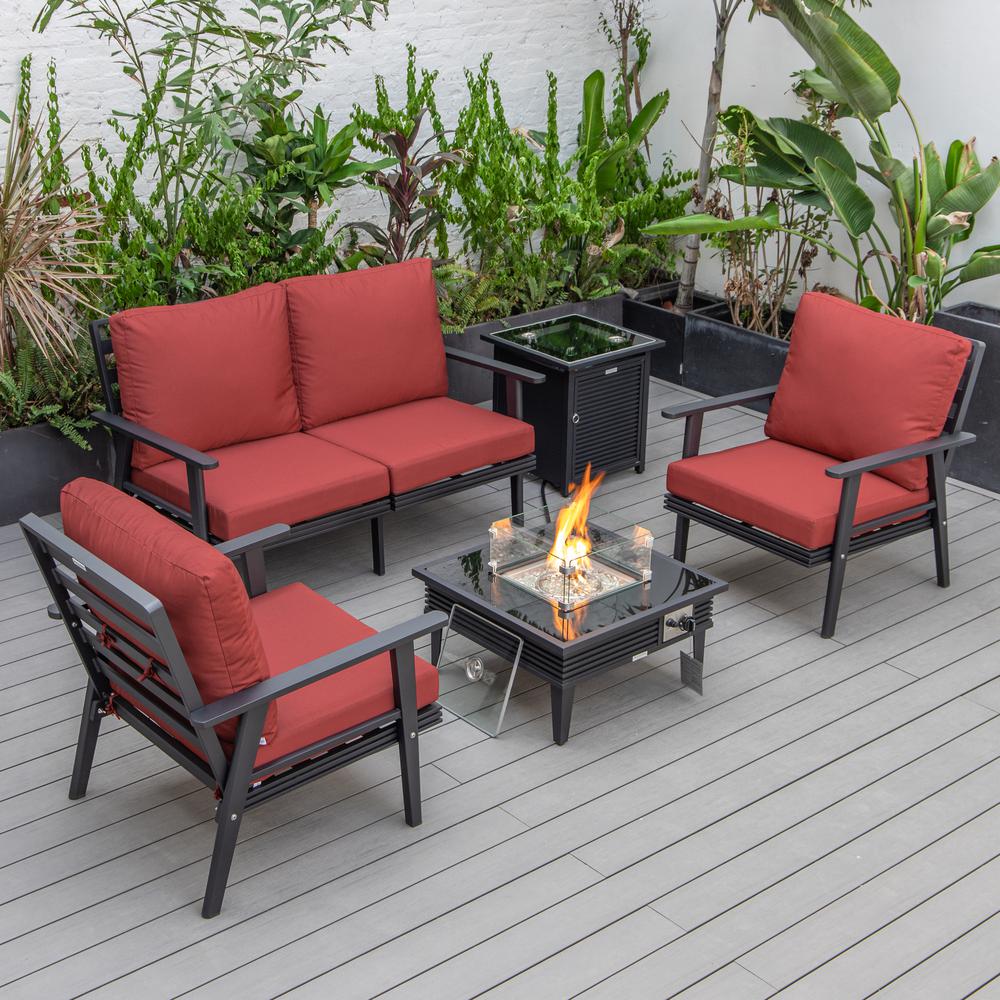 LeisureMod Walbrooke Modern Black Patio Conversation With Square Fire Pit With Slats Design & Tank Holder, Red