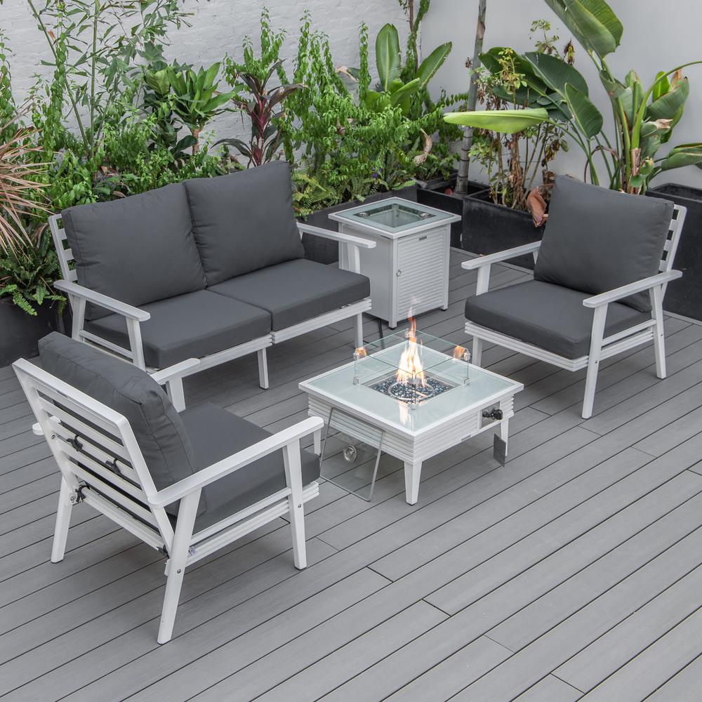 LeisureMod Walbrooke Modern White Patio Conversation With Square Fire Pit With Slats Design & Tank Holder, Charcoal
