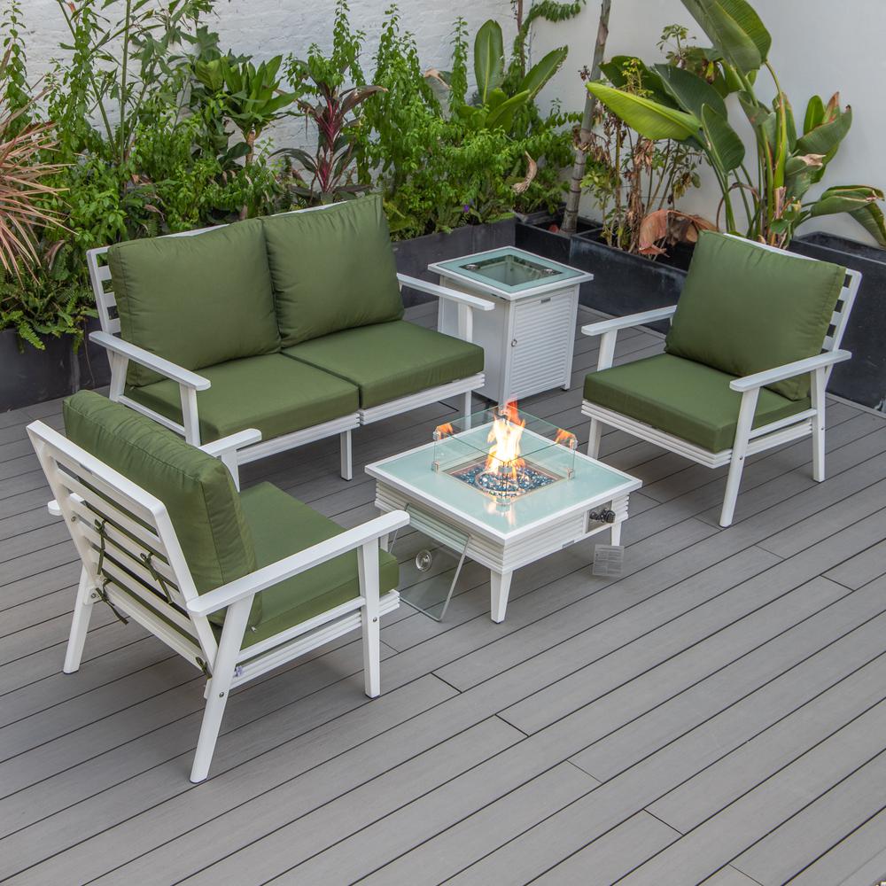 LeisureMod Walbrooke Modern White Patio Conversation With Square Fire Pit With Slats Design & Tank Holder, Green