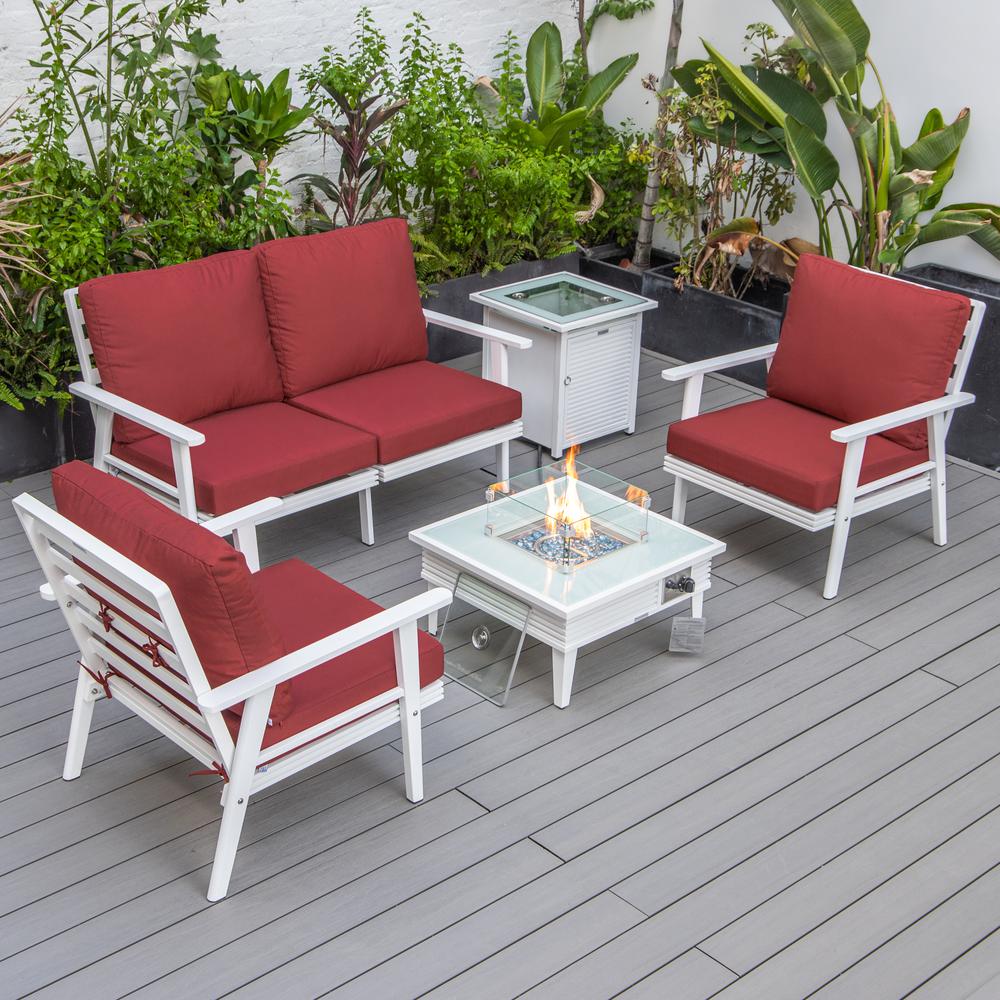 LeisureMod Walbrooke Modern White Patio Conversation With Square Fire Pit With Slats Design & Tank Holder, Red