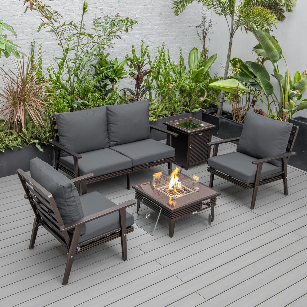 LeisureMod Walbrooke Modern Brown Patio Conversation With Square Fire Pit With Slats Design & Tank Holder, Charcoal