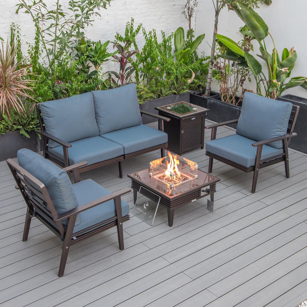 LeisureMod Walbrooke Modern Brown Patio Conversation With Square Fire Pit With Slats Design & Tank Holder, Navy Blue