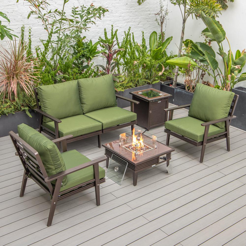 LeisureMod Walbrooke Modern Brown Patio Conversation With Square Fire Pit With Slats Design & Tank Holder, Green
