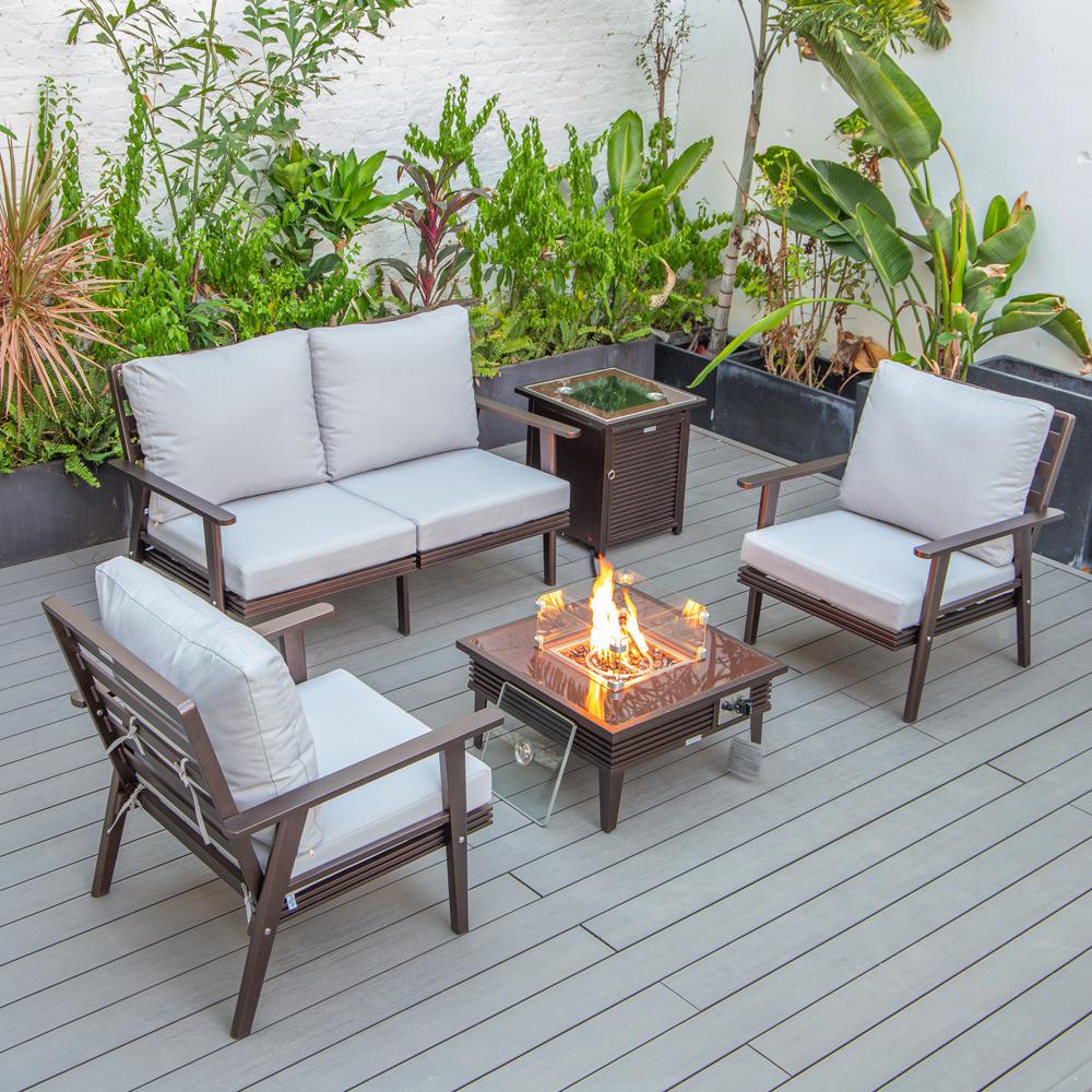 LeisureMod Walbrooke Modern Brown Patio Conversation With Square Fire Pit With Slats Design & Tank Holder, Light Grey