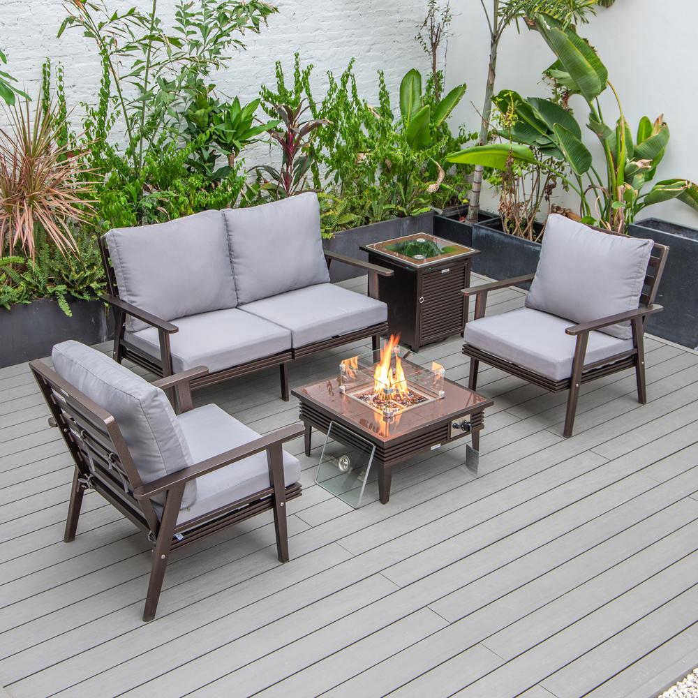 LeisureMod Walbrooke Modern Brown Patio Conversation With Square Fire Pit With Slats Design & Tank Holder, Grey
