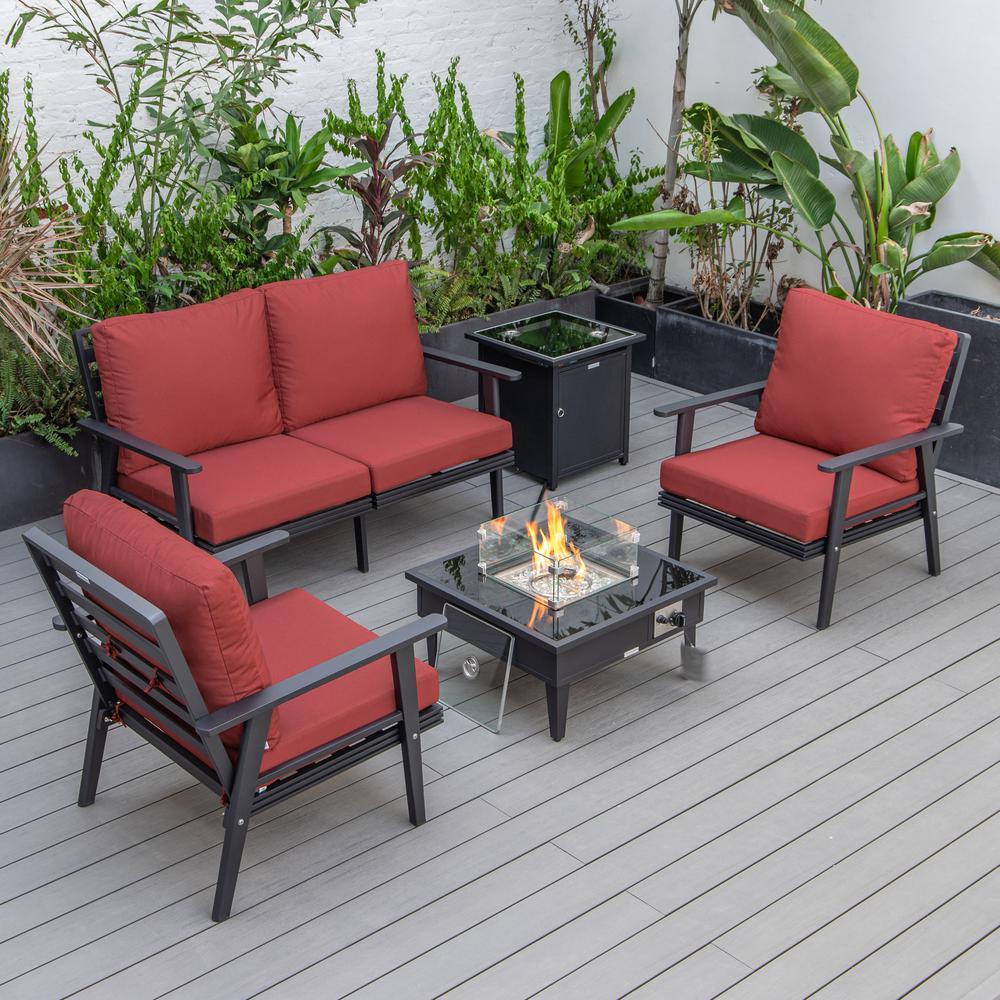 LeisureMod Walbrooke Modern Black Patio Conversation With Square Fire Pit & Tank Holder, Red