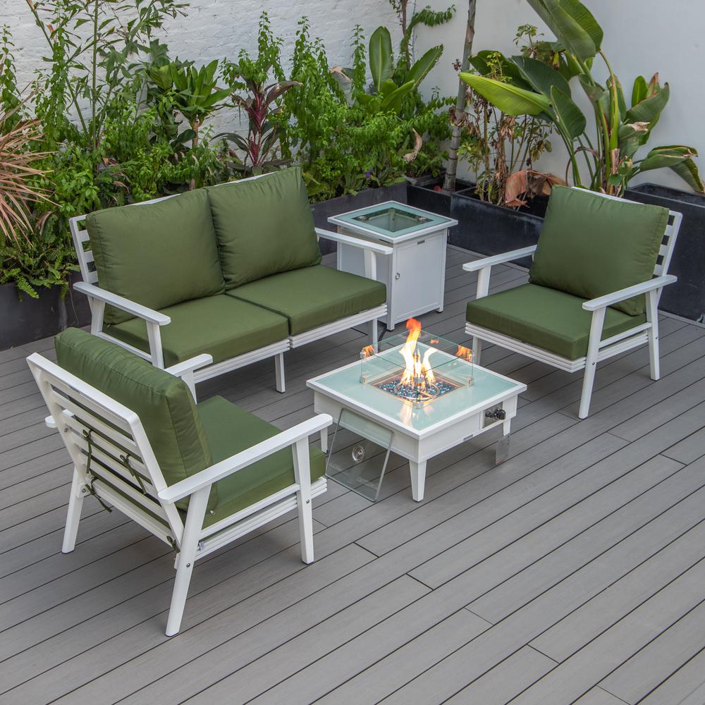LeisureMod Walbrooke Modern White Patio Conversation With Square Fire Pit & Tank Holder, Green