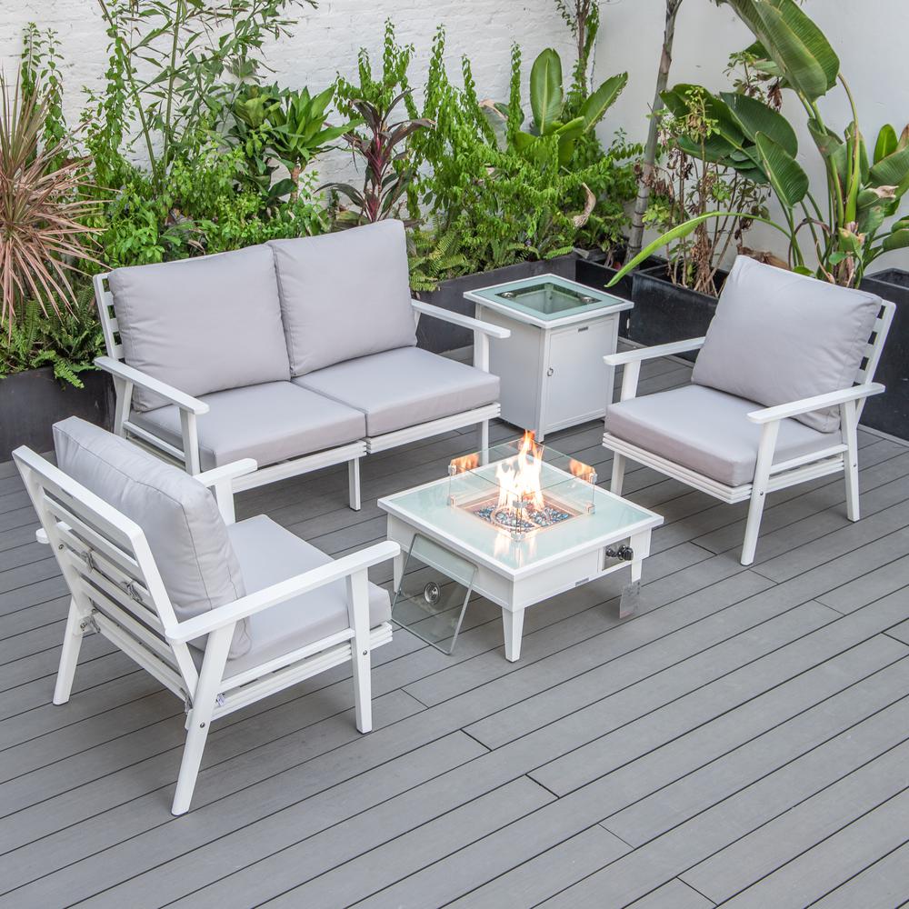 LeisureMod Walbrooke Modern White Patio Conversation With Square Fire Pit & Tank Holder, Light Grey