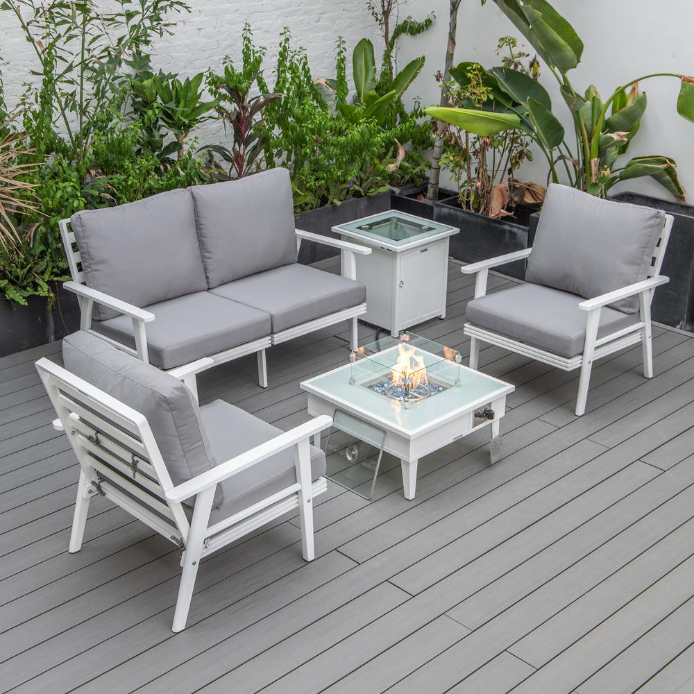 LeisureMod Walbrooke Modern White Patio Conversation With Square Fire Pit & Tank Holder, Grey