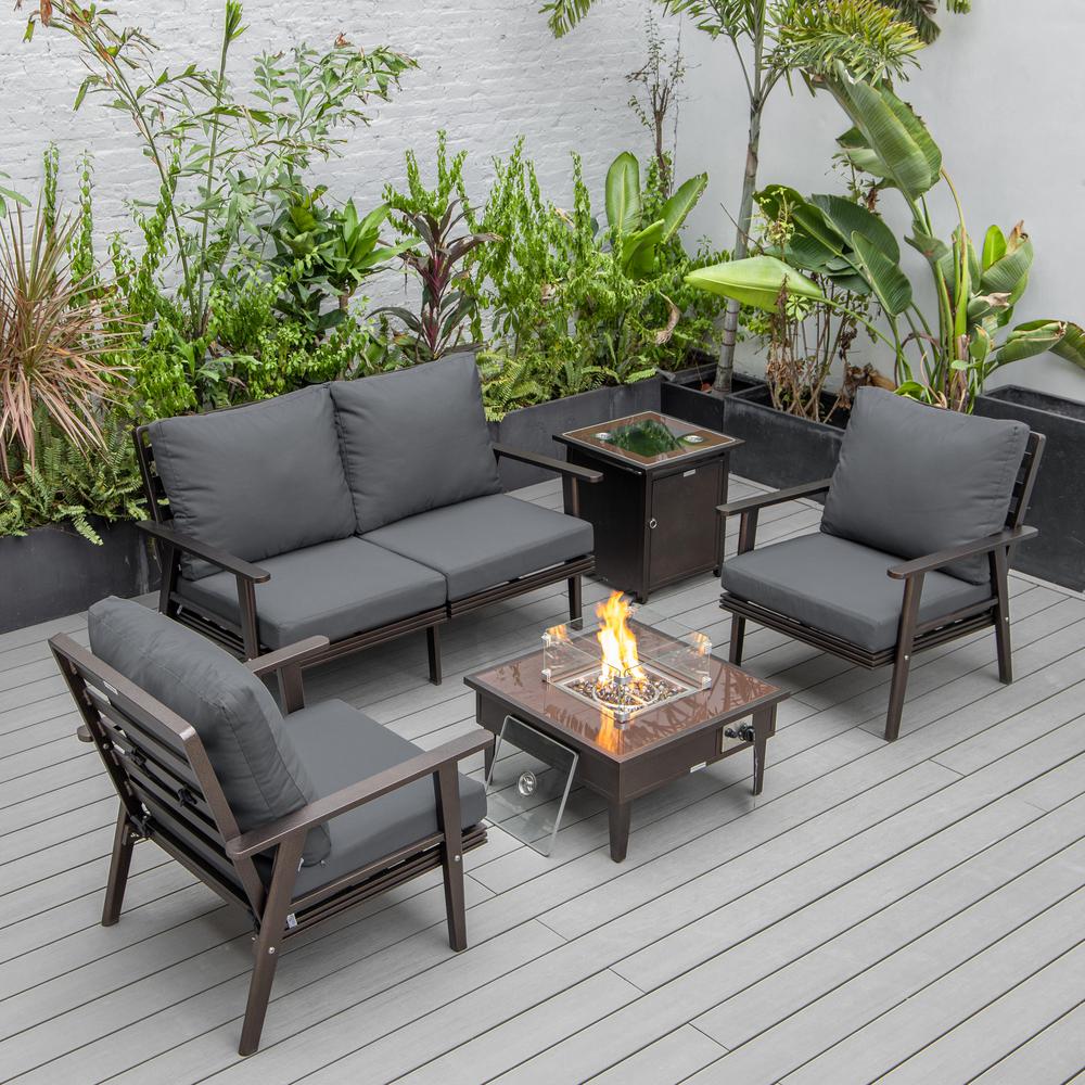 LeisureMod Walbrooke Modern Brown Patio Conversation With Square Fire Pit & Tank Holder, Charcoal