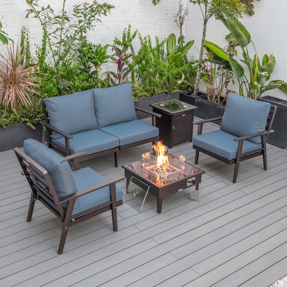 LeisureMod Walbrooke Modern Brown Patio Conversation With Square Fire Pit & Tank Holder, Navy Blue