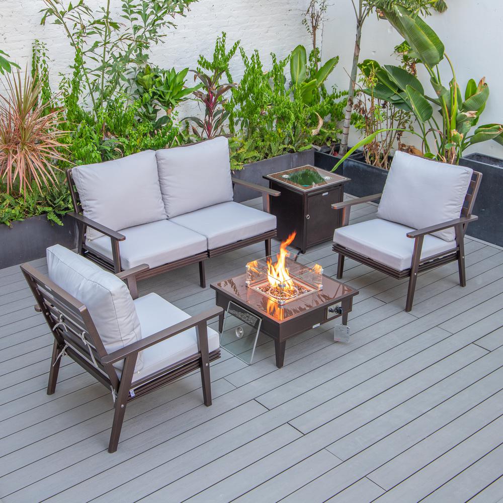 LeisureMod Walbrooke Modern Brown Patio Conversation With Square Fire Pit & Tank Holder, Light Grey