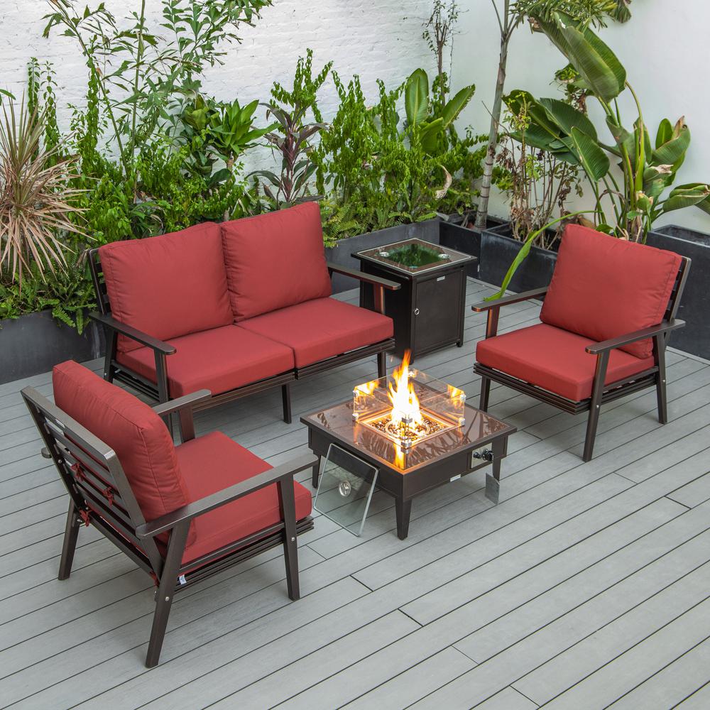 LeisureMod Walbrooke Modern Brown Patio Conversation With Square Fire Pit & Tank Holder, Red