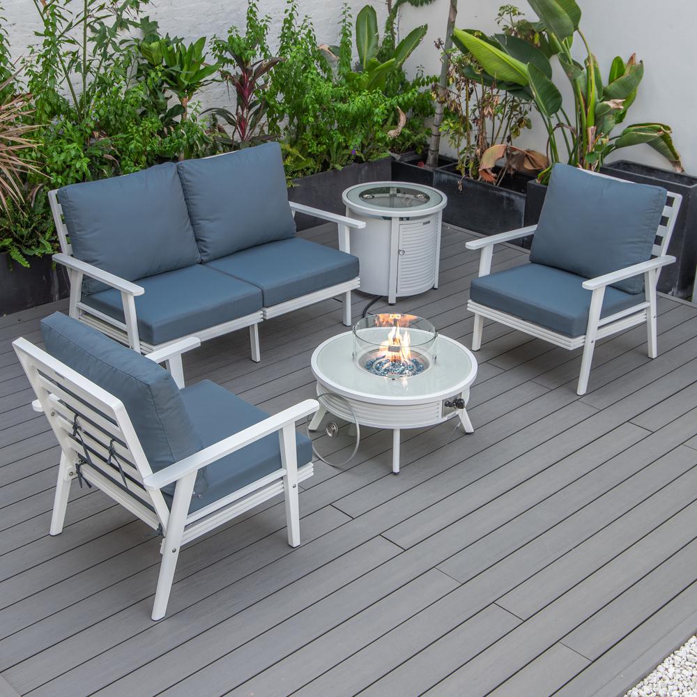 LeisureMod Walbrooke Modern White Patio Conversation With Round Fire Pit With Slats Design & Tank Holder, Navy Blue