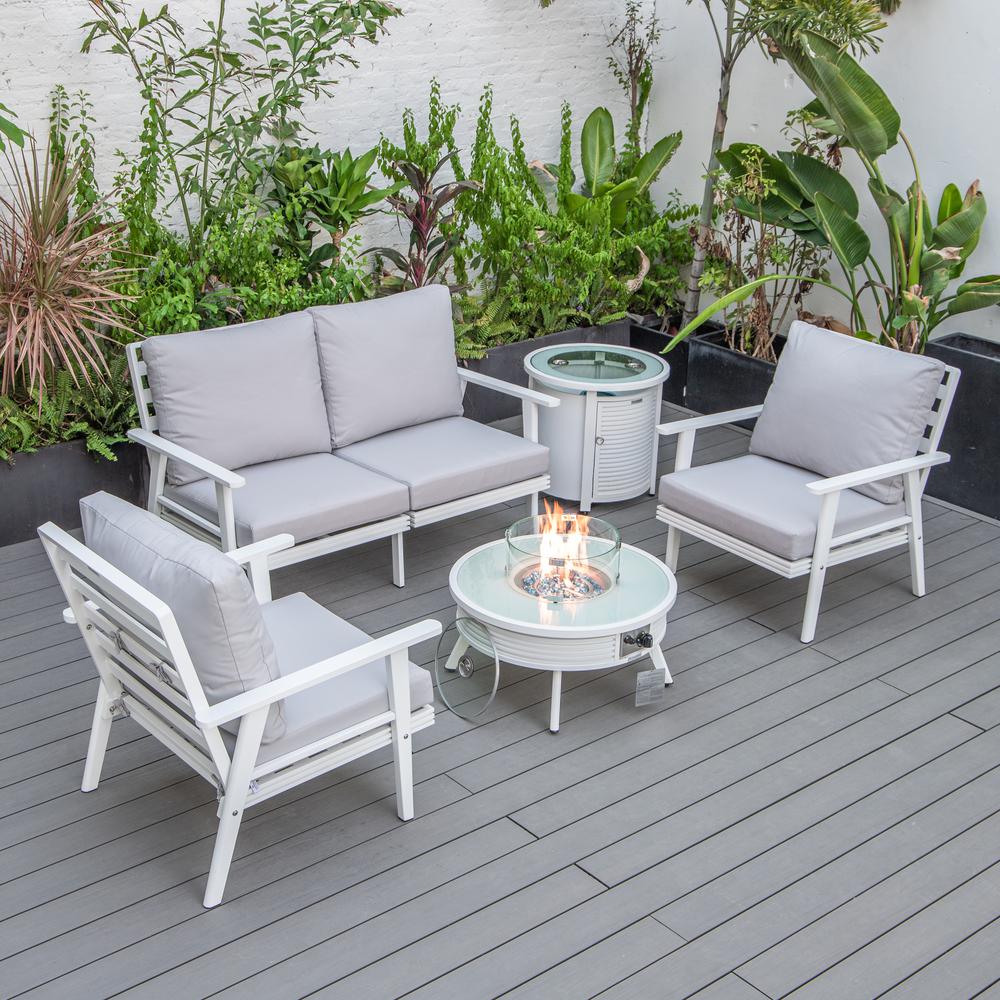 LeisureMod Walbrooke Modern White Patio Conversation With Round Fire Pit With Slats Design & Tank Holder, Light Grey