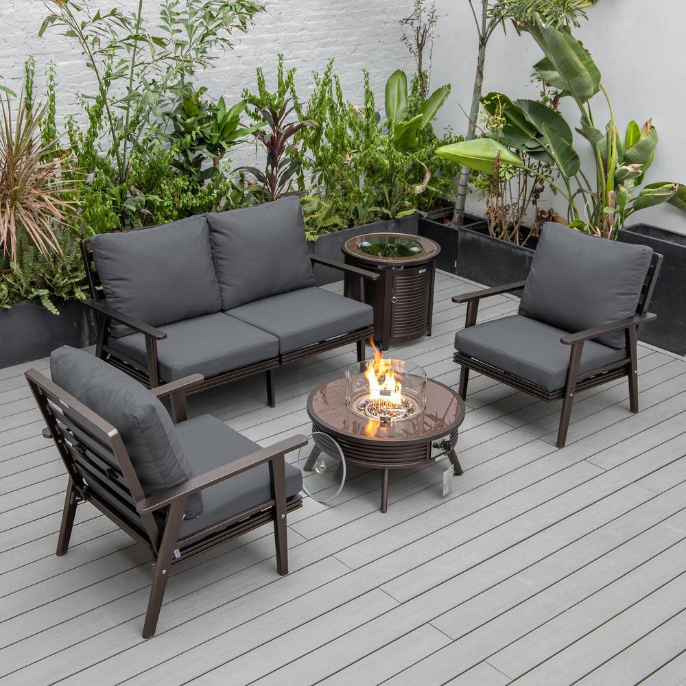 LeisureMod Walbrooke Modern Brown Patio Conversation With Round Fire Pit With Slats Design & Tank Holder, Charcoal