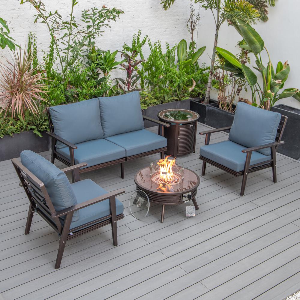 LeisureMod Walbrooke Modern Brown Patio Conversation With Round Fire Pit With Slats Design & Tank Holder, Navy Blue