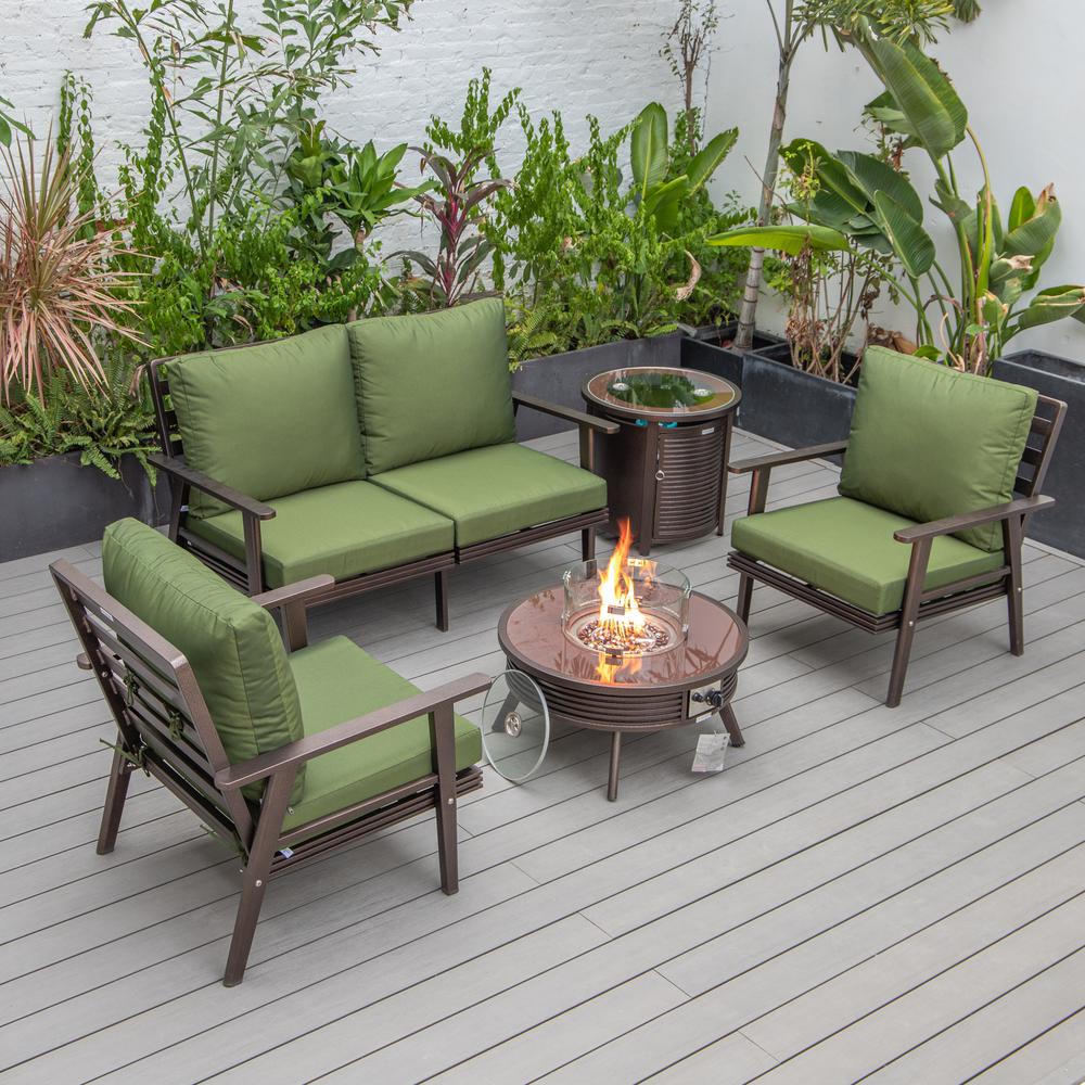 LeisureMod Walbrooke Modern Brown Patio Conversation With Round Fire Pit With Slats Design & Tank Holder, Green
