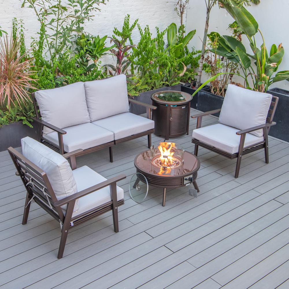 LeisureMod Walbrooke Modern Brown Patio Conversation With Round Fire Pit With Slats Design & Tank Holder, Light Grey