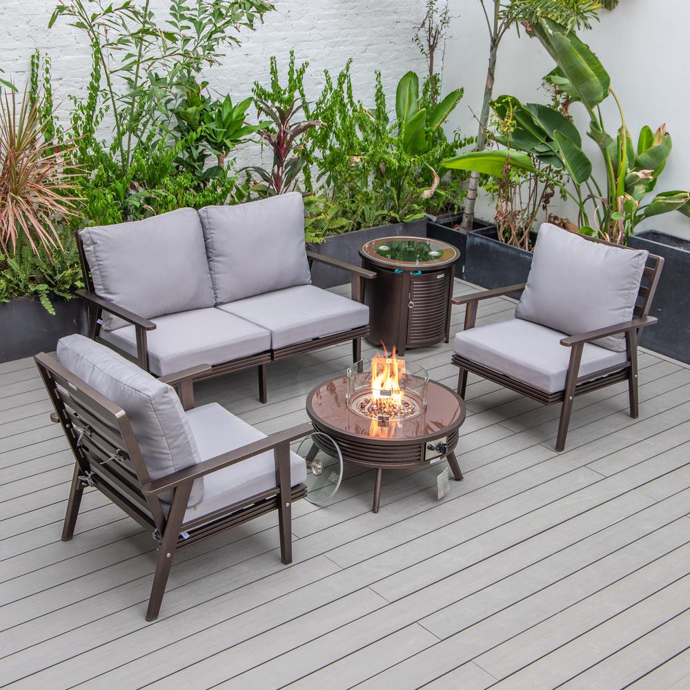 LeisureMod Walbrooke Modern Brown Patio Conversation With Round Fire Pit With Slats Design & Tank Holder, Grey