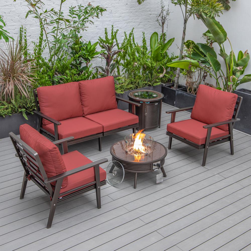 LeisureMod Walbrooke Modern Brown Patio Conversation With Round Fire Pit With Slats Design & Tank Holder, Red