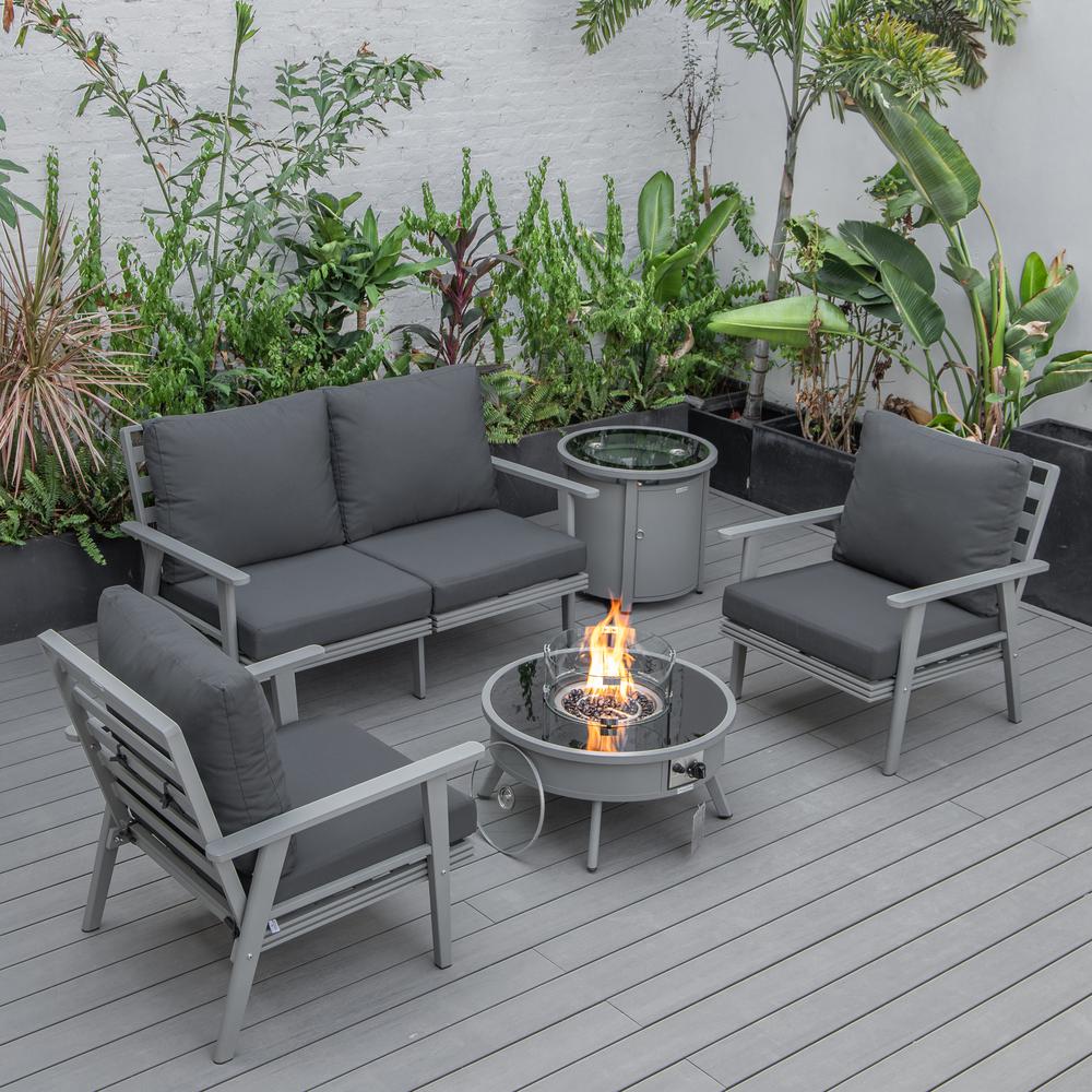 LeisureMod Walbrooke Modern Grey Patio Conversation With Round Fire Pit & Tank Holder, Charcoal