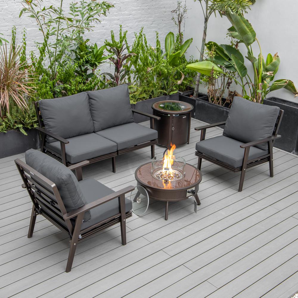 LeisureMod Walbrooke Modern Brown Patio Conversation With Round Fire Pit & Tank Holder, Charcoal