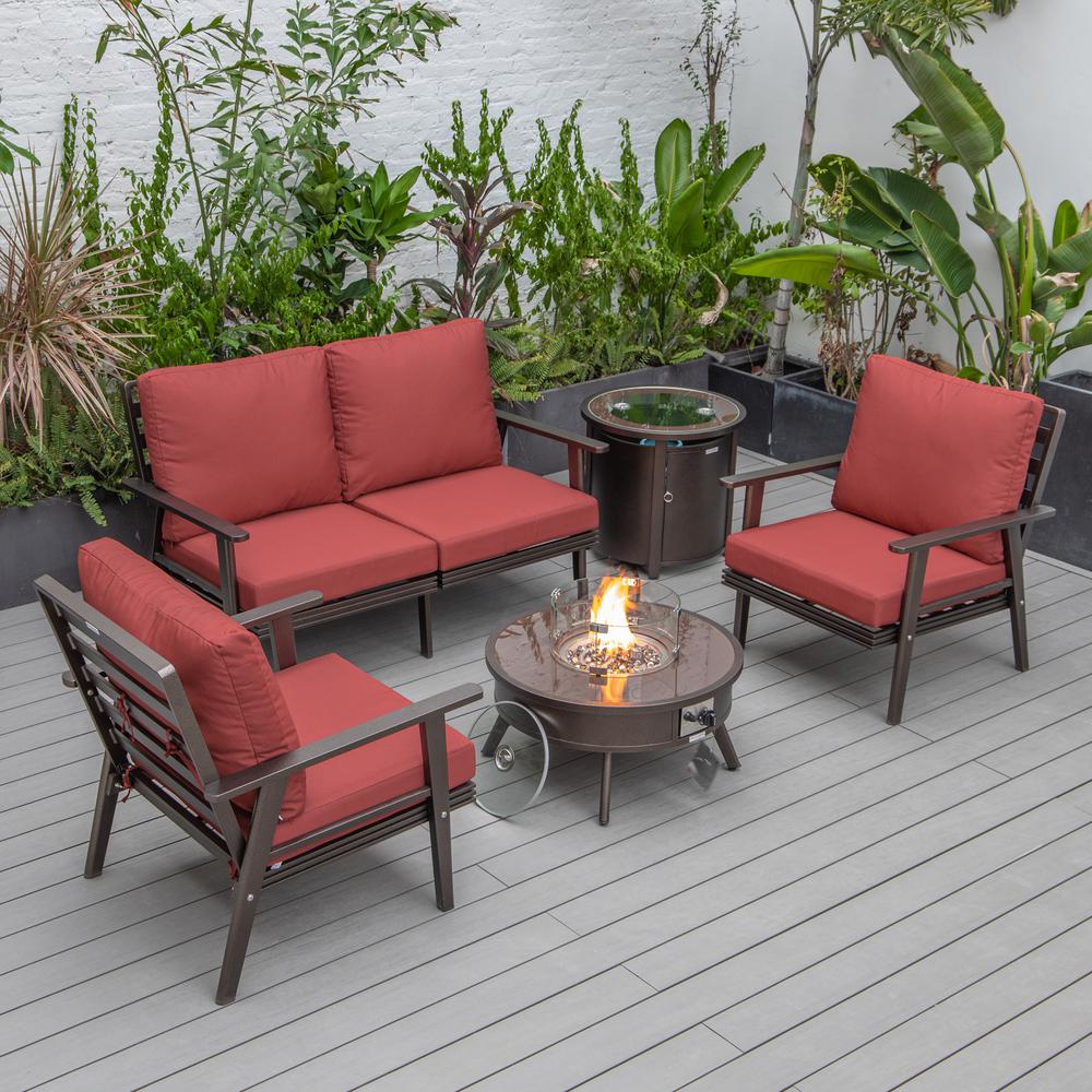LeisureMod Walbrooke Modern Brown Patio Conversation With Round Fire Pit & Tank Holder, Red