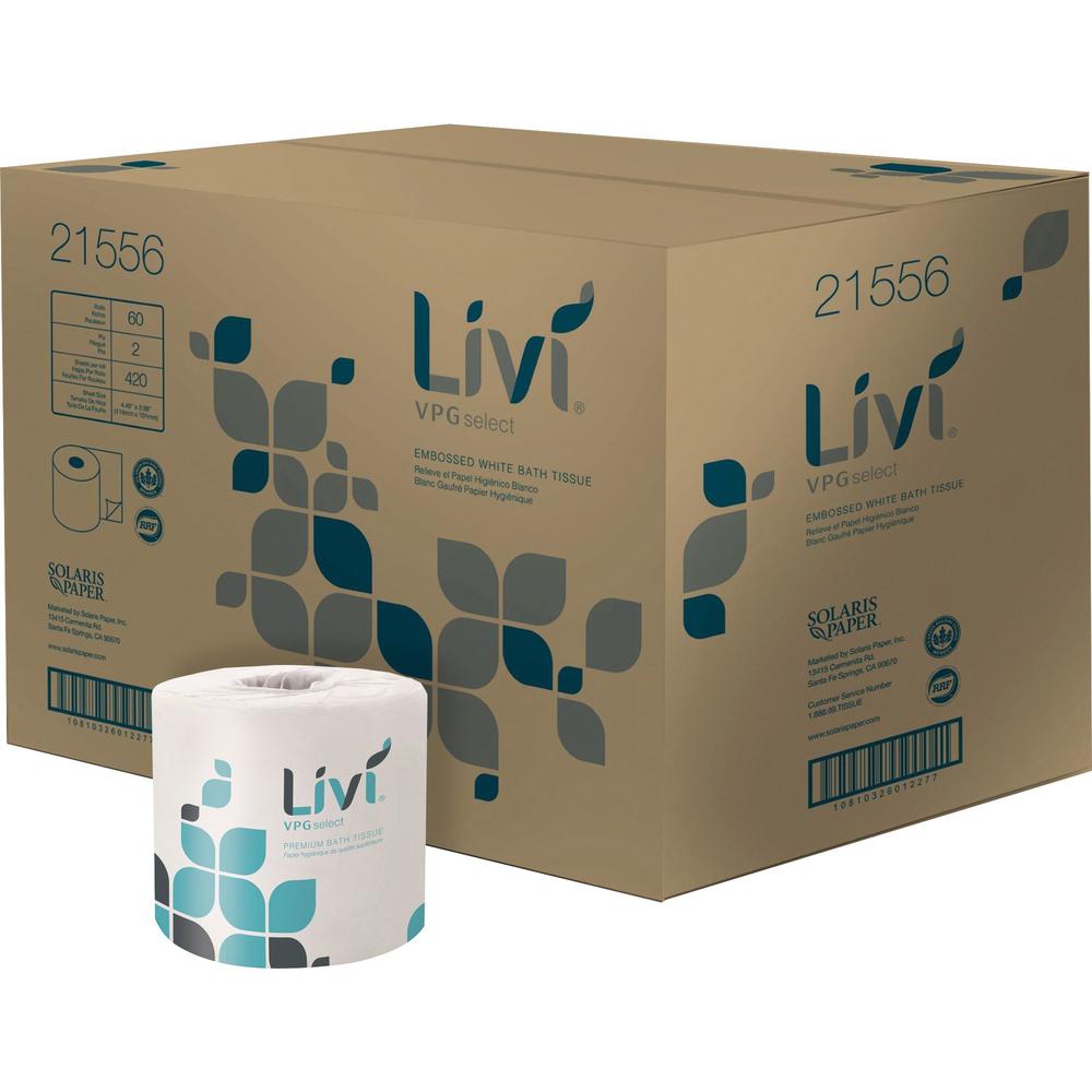 Livi VPG Select Bath Tissue - 2 Ply - 4.48" x 3.98" - 420 Sheets/Roll - Bright White - Virgin Fiber - Soft, Strong, Absorbent, I