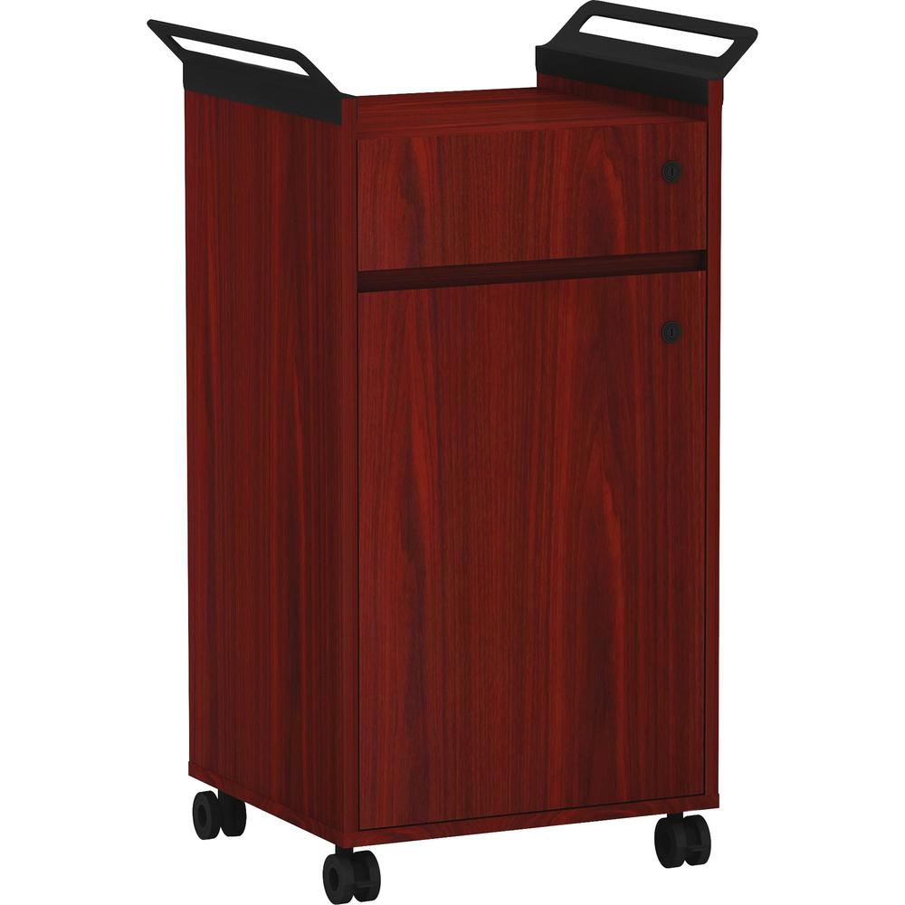 Lorell Mobile Storage Cabinet with Drawer - 23.5" x 17.8" x 36.4" - 1 x Door(s) - Mobility, Built-in Handle - Mahogany - Laminat