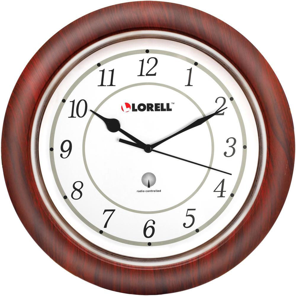 Lorell 13-1/4" Round Wood Wall Clock - Analog - Quartz - White Main Dial - Mahogany/Wood Case