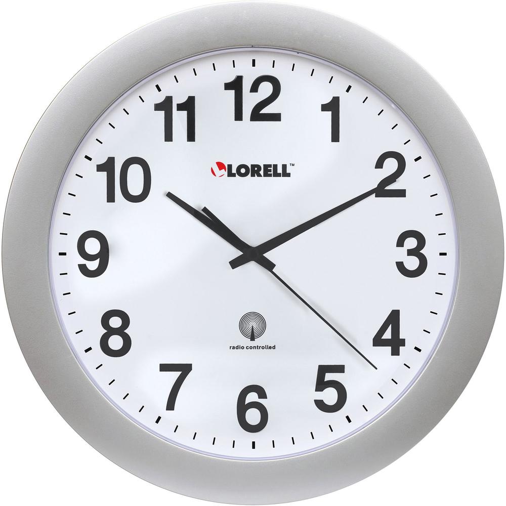 Lorell 12" Round Radio-controlled Wall Clock - Analog - Quartz - White Main Dial - Silver/Plastic Case