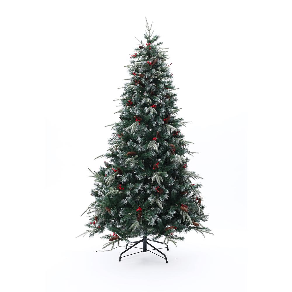 7Ft Pre-Lit LED Artificial Full Pine Christmas Tree with Pine Cones and Red Holly Berries