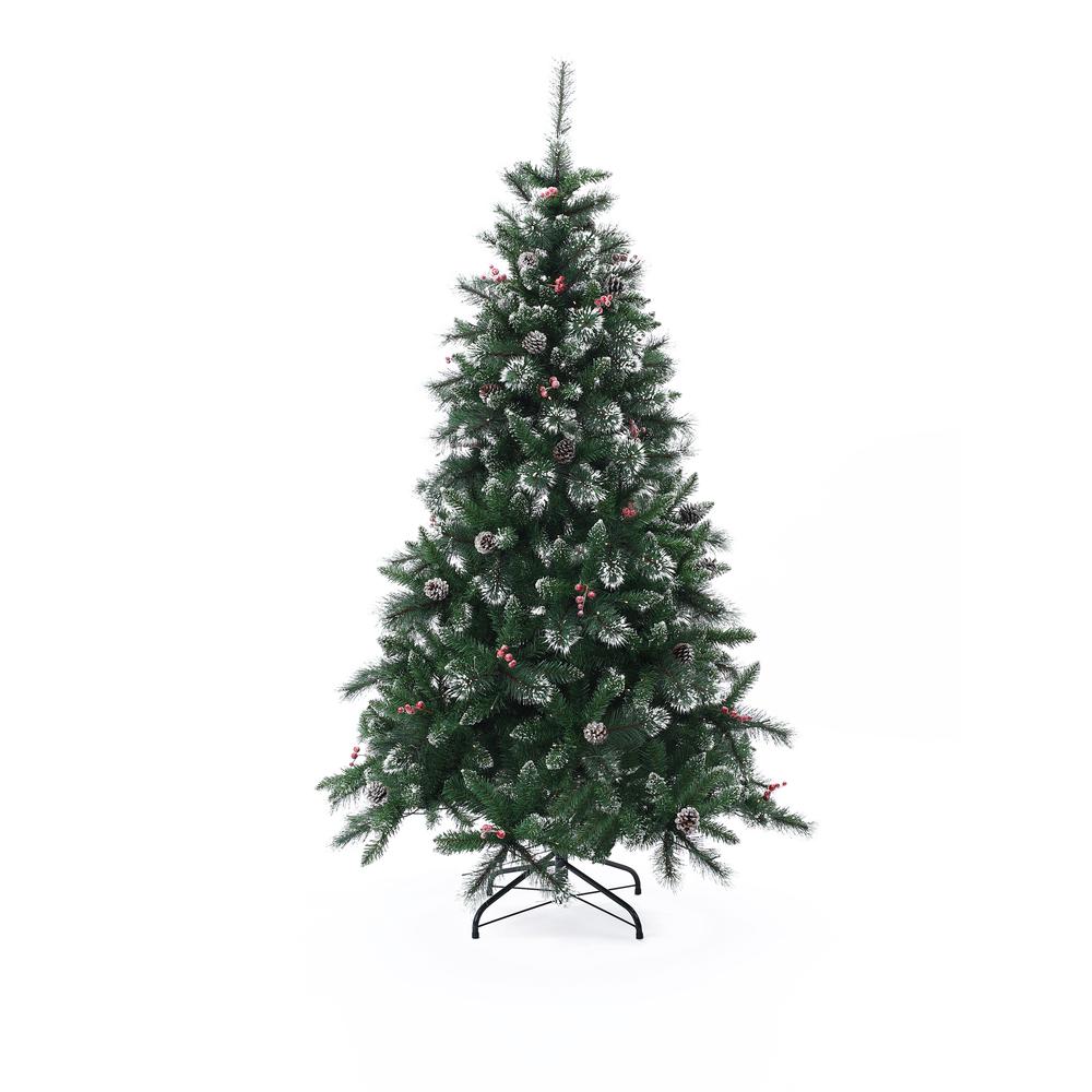 6Ft Pre-Lit LED Artificial Full Pine Christmas Tree with Pine Cones and Red Holly Berries