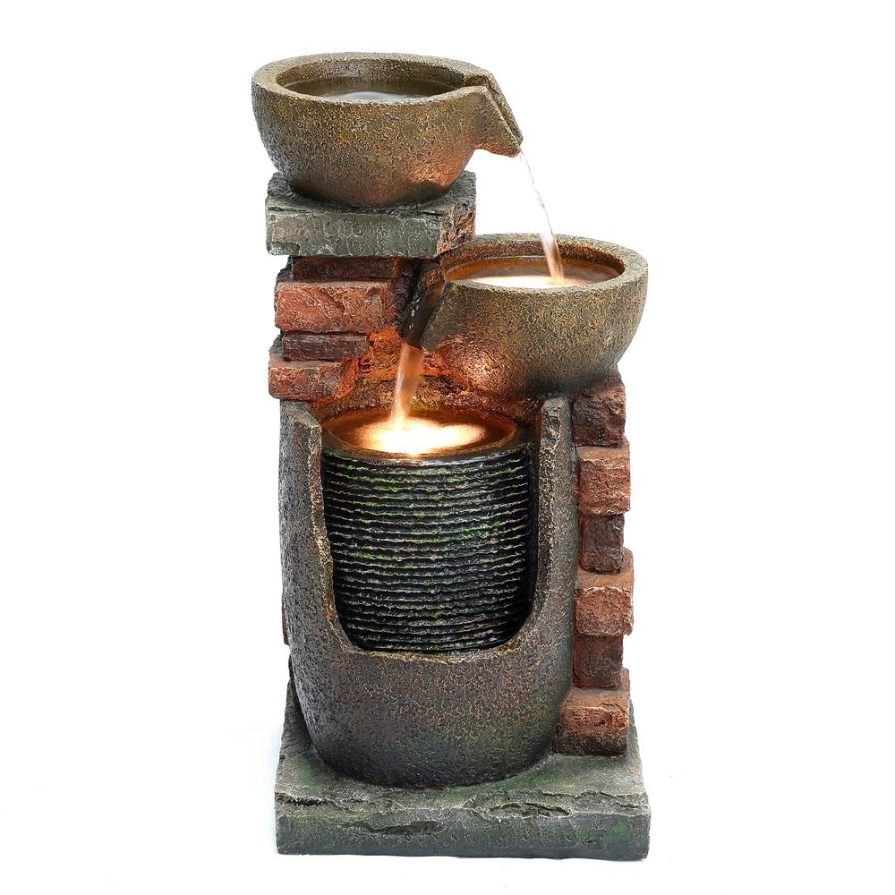 23" H Bowls and Bricks Resin Outdoor Fountain with LED Lights